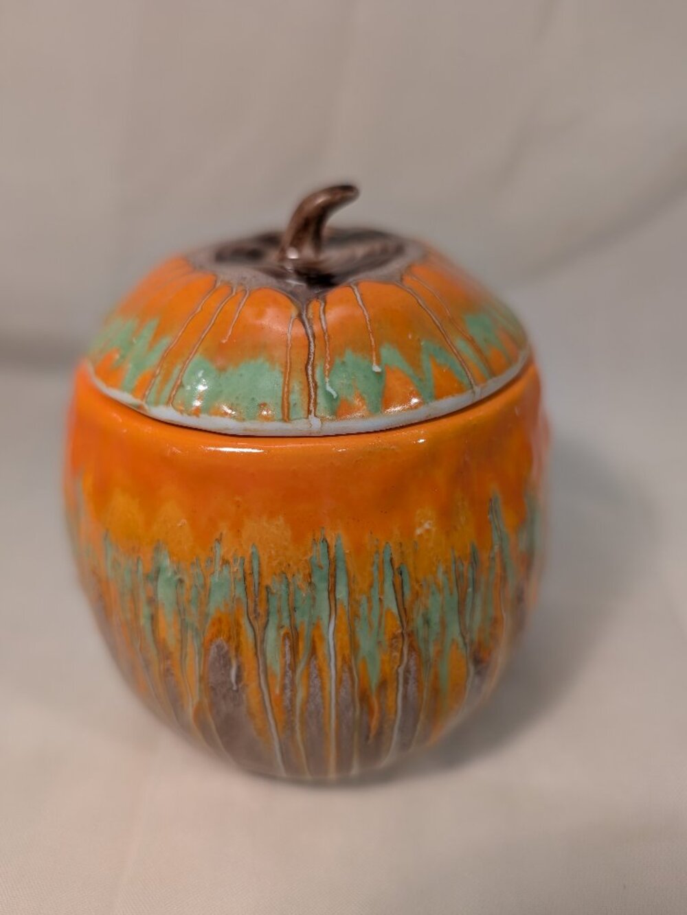 Vintage Shelley Harmony Drip Glaze Lidded Pot Orange Green Bone China Jar